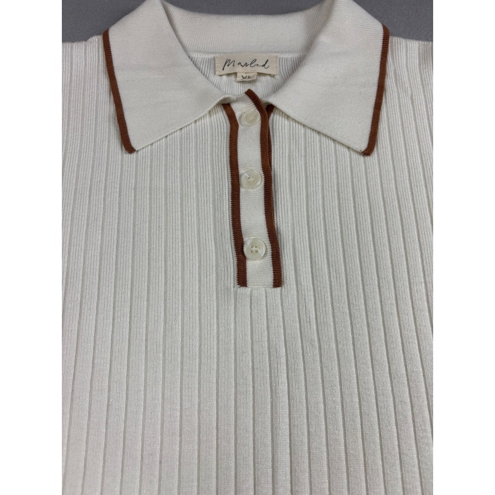 Marled 2 Piece Skirt Set XL White Ribbed Knit Polo Top Midi Skirt Cream Co-ord - Picture 8 of 14